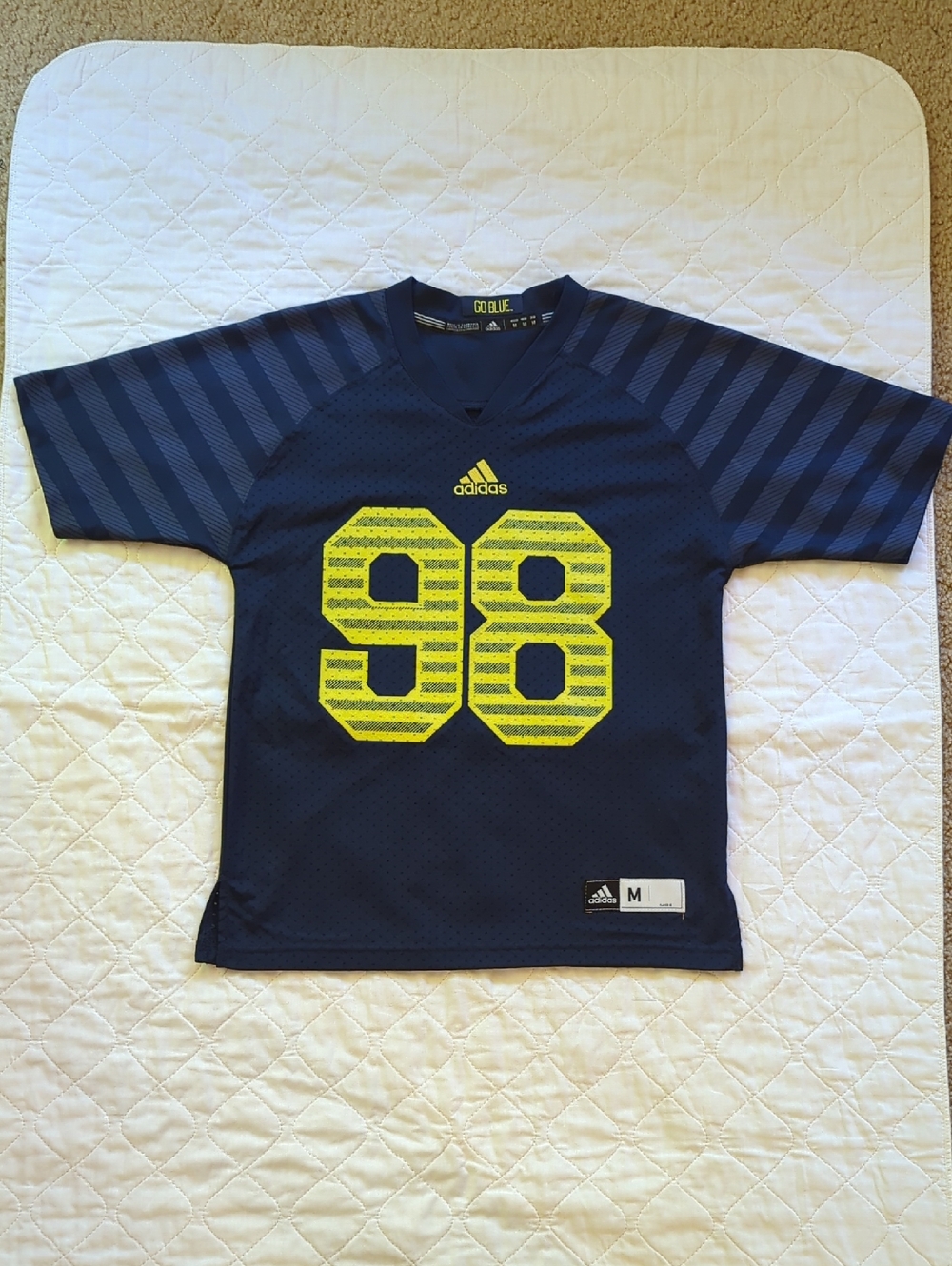Adidas Kids Michigan Navy Blue Jersey Top with Bright Yellow '98 Graphic